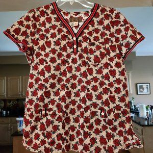 Koi black/red/ white scrub top with rose pattern